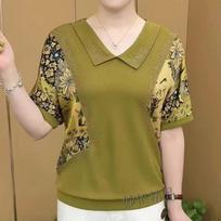Vintage Women Clothing Floral Print T-shirt Summer New Fashion Short Sleeve Diamond Big Size Loose Red Elegant Casual Tees Tops XL geltona