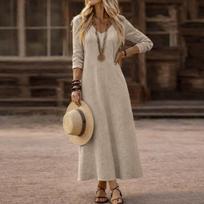 Suknelė Moterims Ilga Boho Paplūdimio Suknelė Elegantiška Maxi Suknelė V formos iškirpte Ilgomis Rankovėmis XL smėlis