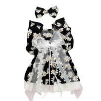 Vasarinė šunų suknelė miela gėlių raštų lankelis plaukų segtukas, kvėpuojantis laisvalaikio elegantiška apranga Nešioti lanko mazgą nėriniuota princesė suknelė naminė katė L juoda