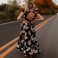 Summer Floral Boho Women Elegant Vintage Long Maxi Dress Sexy Backless Party Beach Dress Sundress S juoda