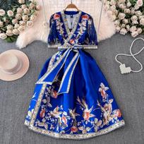 Vasaros Bohemijos gėlių raštu ilga suknelė, moteriška V formos iškirpte, pūstomis rankovėmis, vintažinis spausdinimas, raišteliai, suvarstyti Vestido moteriški drabužiai 1651 M mėlyna
