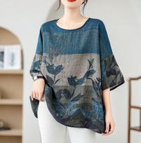 Vasarinė kanapinė medvilninė palaidinė Ethnic Style šikšnosparnio rankovėmis laisvi, dideli marškinėliai apvaliu kaklu, laisvalaikio patogūs moterims one size