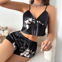 Ice Silk Camisole pižamos Moteriškos mados Dviejų dalių namų dėvėjimas Ploni namų kelnaitės Šortų rinkinys S juoda