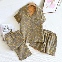 Spring/Summer Pajamas Three Piece Set Thin 100%Cotton Crepe Ladies Short Sleeves+Shorts+Pants Flip Collar Home Suit Set L
