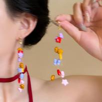 Mori small fresh earrings exaggerated chiffon flowery cluster petal earrings women's round face high-end earrings