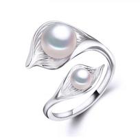 LSOOYH Fashion Leaf Design dvigubo perlų žiedas Natūralūs gėlo vandens perlų žiedai moterims Adjustable size balta