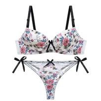 Spausdinti Push Up prancūziškų nėrinių moteriškų apatinių komplektai ABC Cup liemenėlė ir kelnaitės Deep V liemenėlė 34A balta