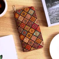 Retro Paisley ir gėlių rašto ilga piniginė, rankinės užtrauktukas aplink Bohemijos moterišką piniginę, didelis kreditinės kortelės laikiklis brown