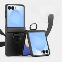 Kietas, odą primenantis telefono dėklas Samsung Galaxy Z Flip 7 FE 6 5 4 3 ZFlip7 su apsauginiu dangteliu su žiediniu vyriu Galaxy Z Flip7 juoda