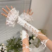 Moteriški nėriniai Ruffles Rankovių Šildytuvai Pirštinės be pirštų Raišelio Ilgio iki alkūnės Rankovių Rankogaliai Estetiški Kawaii Lolita Antrankoviai One Size balta