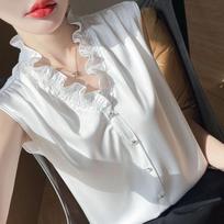 French Sleeveless Shirt with Female Fungus Base Summer New Lotus Leaf Top Vest M juoda