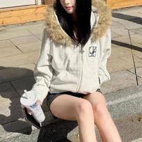 Women's Clothing Vintage Hooded Sweatshirts High Street Letter Embroidery Autumn Winter Fleece Zipper Stylish Fur Collar Hoodies S pilka
