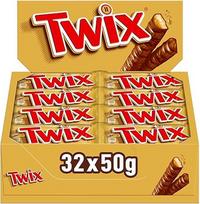 "Twix" šokoladinių batonėlių su pieniniu šokoladu, sausainiais ir karamele pakuotė. Iš viso 32 batonėliai po 50 g. Tinka vegetarams.