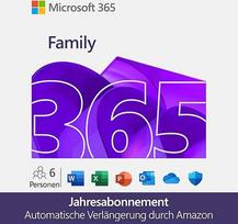 "Microsoft 365 Family" | 1 metai | iki 6 asmenų | "Office Apps" su KI | iki 6 TB Cloudspeicher | "Amazon" abonementas su automatine peržiūra