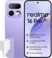 "realme 16 Pro 5G" išmanusis telefonas, 8 + 512GB, 200 MP OIS kamera, 6500 mAh baterija, 6,78 colių 144 Hz plokščias ekranas, 45 W greitasis įkrovimas, dirbtinio intelekto funkcijos, IP69, dvi SIM kortelės, violetinės spalvos (su maitinimo šaltiniu)