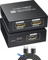 HDMI skirstytuvas 1 į 2 išėjimai su 4 pėdų HDMI kabeliu, 4K @ 60Hz HDCP apeinamas HDMI garso skirstytuvas televizoriui ir garso juostai, palaiko 4K ir 1080P dviejų monitorių sinchronizavimą, 2K @ 144Hz "Dobly Vision/Atmos
