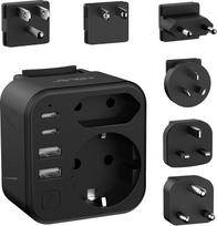 JSVER kelioninių adapterių rinkinys, tarptautinis kelioninis kištukas, 2 skyriai su 4 USB (2 USB C), 6 nuimami adapteriai su jungikliu, A/B/C/M/I/G tipo kištukas, skirtas Japonijai, Jungtinei Karalystei, JAV, Europos Sąjungai, JAV ir Pietų Afrikai (juodas