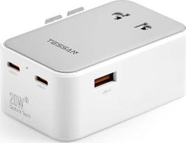 TESSAN kelionės adapteris visame pasaulyje PD 20 W, kelionės adapteris visame pasaulyje su 2 USB C ir 1 USB A, kelionės kištukinis adapteris visame pasaulyje, tarptautinis kištukinio lizdo adapteris Anglijoje, JAV, Japonijoje, Tailande, Australijoje