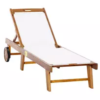 Sodo gultas, poilsio gultas, reguliuojamas sodo baldas, akacijos mediena ir tekstilė, natūrali + balta spalva, 198 x 55 x 30–88,5 cm