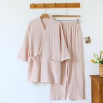 2026 New Couple Japanese Kimono Set 100% Cotton Crepe Cloth Women's Spring and Autumn Simple Solid Color Home Clothes M