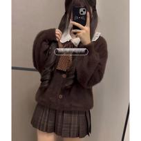 JK Uniform Plaid Skirt & Knit Cardigan Set - Brown Autumn/Winter School Style XS