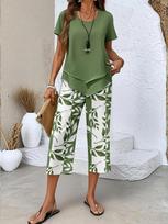 2026 Autumn Winter Printed Top & Pants Set for Women: Elegant Two-Piece Commuter Outfit XL žalia