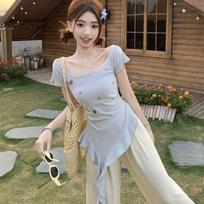 Korean-Style Ruffle T-Shirt & High-Waist Wide-Leg Pants Set for Women - Summer 2026 Collection S