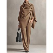 Women's Fleece Stand-up Collar Cape & Wide-leg Pants Set for Fall/Winter L