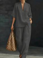 European & American Style V-Neck Short Sleeve Wide-Leg Pants Suit - Spring/Summer Fashion Casual L tamsiai pilka spalva