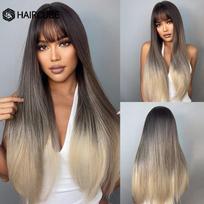HAIRCUBE Long Straight Brown Ombre Natūralūs plaukų perukai Vidurinės dalies karščiui atsparūs sintetiniai perukai Afro moterims Kasdieniai Cosplay mados perukai