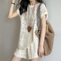 2026 Summer Light Luxury Women's Chic Hollow-Out Two-Piece Set - Slimming Top & Shorts XXL [126-140 kg]