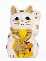 Lucky Cat Fortune Gathering Left Paw Raised Ceramic Lucky Cat Lucky Charm Feng Shui Ornament Offering Box (S-SIZE White) / _ Maneki-neko (fa_S White)