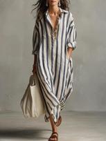 European & American Striped V-neck Summer Shirt Dress with 3/4 Sleeves XL juoda