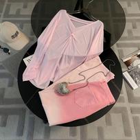 Fashionable Pink Gradient Two-Piece Set: Loose Wide-Leg Pants and Sport Sun Protection Top for Women L