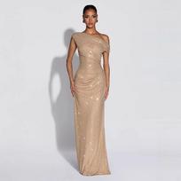 2026 European Spring/Autumn Rhinestone One-Shoulder Cut-Out Slim Fit Long Dress for Women S