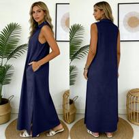 2026 Sleeveless V-Neck Long Slit Dress in Solid Cotton Linen - European & American Summer Style M tamsiai mėlyna spalva