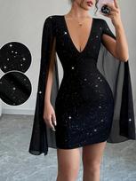 European and American Women's Ribbed Pearl Chiffon Cape Dress - Round Neck, Hip-Hugging Fit XXL juoda