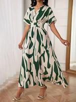 Elegant V-neck Waist-cinching Digital Print Women's Dress XXL žalia