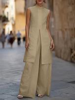 Chic Sleeveless Vest & Wide-Leg Pants Cotton Linen Set Double Extra Large chaki