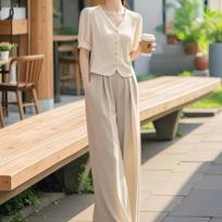 Apricot Top & Wide-Leg Pants Two-Piece Set: Professional, Timeless Summer Outfit for Women XL [Recommended 125-140 lbs]