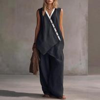 2026 Summer Bohemian V-neck Button Vest and Wide-leg Pants Set for Beach Holidays Small juoda