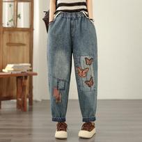 plus size Vintage embroidery high waist casual loose Women Spring summer autumn jeans denim Harem Pants M