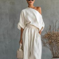 2026 European Spring Solid Color Off-the-Shoulder T-shirt Pocket Casual Loose Two-Piece Set L balta