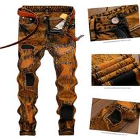 Vyriški Retro Džinsai Nudėvėti Slim Fit Tiesios Kojos Džinsiniai Kelnės Vintage Stiliaus Šaunūs Laisvalaikio Drabužiai 28 geltona