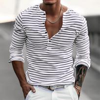 Vyriški dryžuoti ilgomis rankovėmis Henley marškinėliai, slim fit, universalus pagrindinis sluoksnis rudeniui ir žiemai S balta