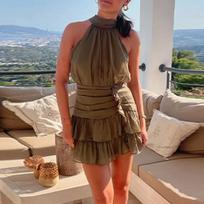 Pavasario Naujienos Moteriški Drabužiai Madinga Elegantiška Vienspalvė Suknelė su Kaklu ir Raišteliu S žalia