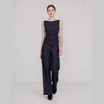 Women's Striped Asymmetrical Sleeveless Top and Straight Leg Trousers Suit S tamsiai mėlyna spalva