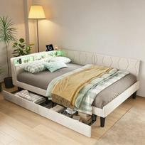 Apmušta sofa-lova 140 x 200 cm, LED apšvietimas ir USB jungtis, jaunimo lova su 2 stalčiais, aksomas, smėlio spalvos