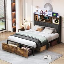 Dvigulė lova 160 x 200 cm, apmušta lova su LED, USB ir 2 stalčiais, PU, ​​ruda