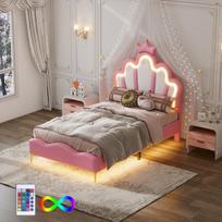 Vaikiška lova 90 x 200 cm, apmušta lova su LED apšvietimu, princesės karūnos formos, rožinė PU